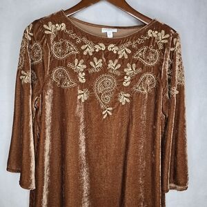 J. Jill Tunic Top Brown Velour Embroidered Paisley 3/4 Sleeve Woodland Fairy S